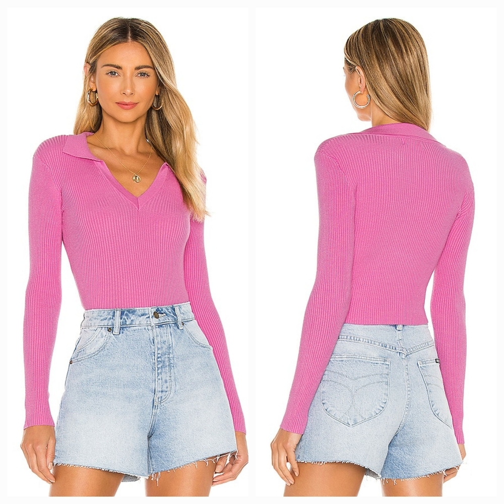 Lovers + Friends Pink Ribbed V-Neck Long Sleeve Top